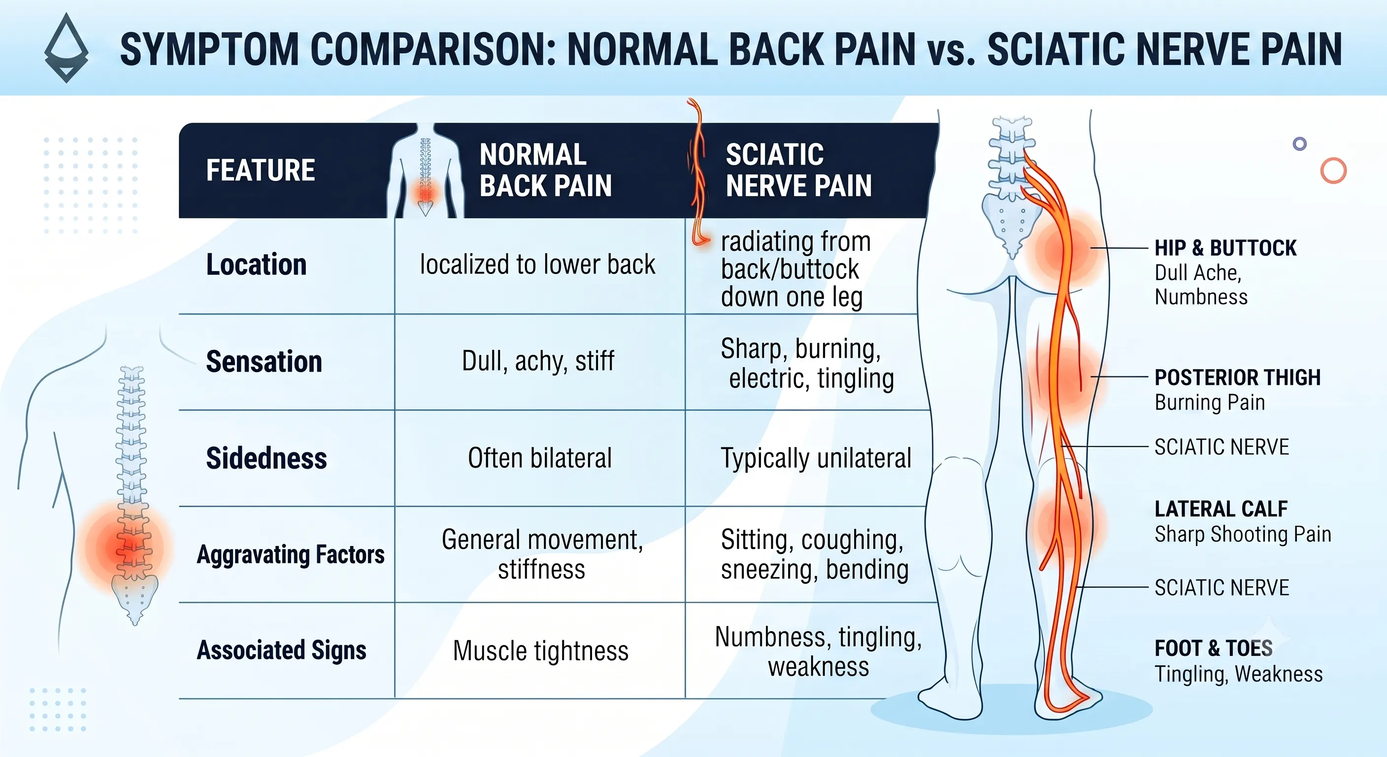Infographic comparing symptoms of normal lower back pain versus unilateral radiating sciatic nerve pain.
