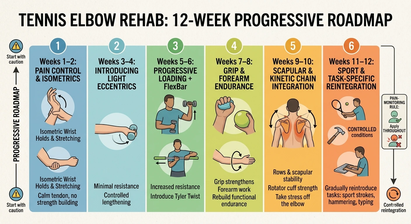 Infographic detailing a 12-week progressive rehab roadmap for tennis elbow across six distinct phases.