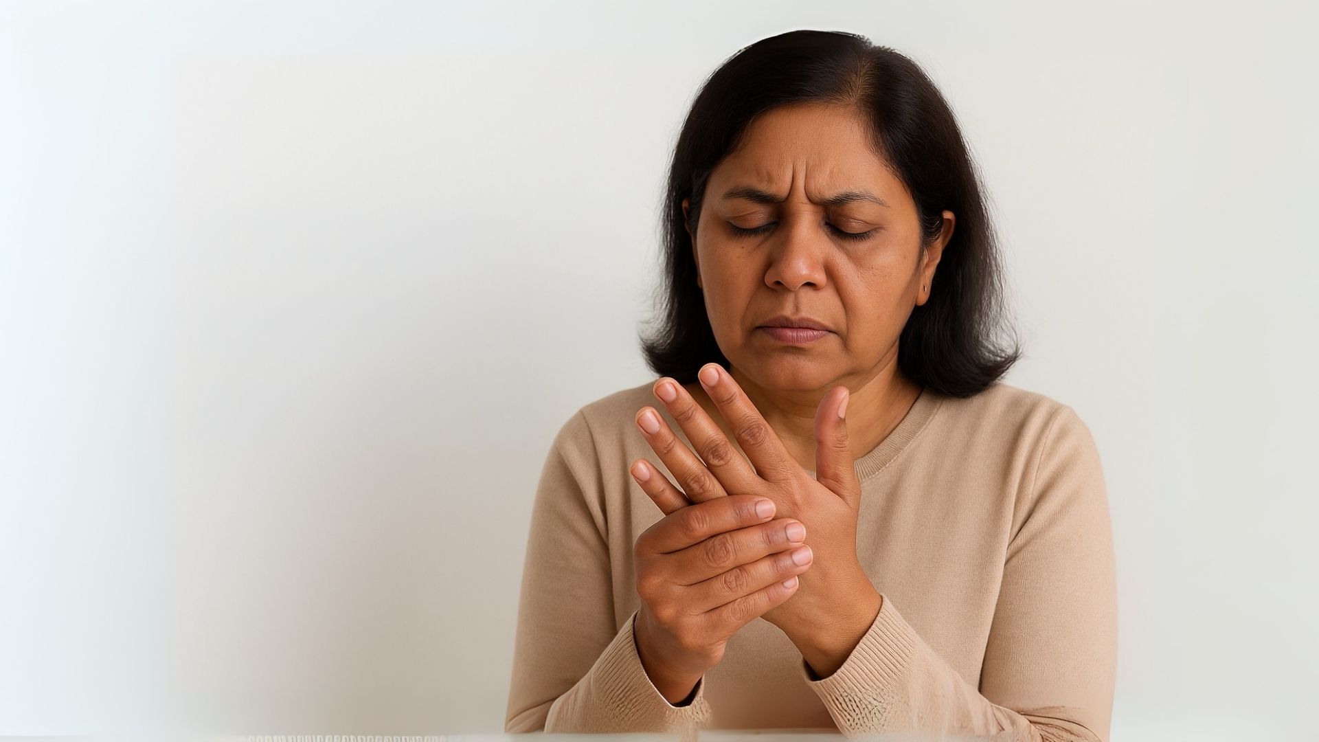 A woman with a hand on her wrist, illustrating the emotional impact of the 4 stages of rheumatoid arthritis