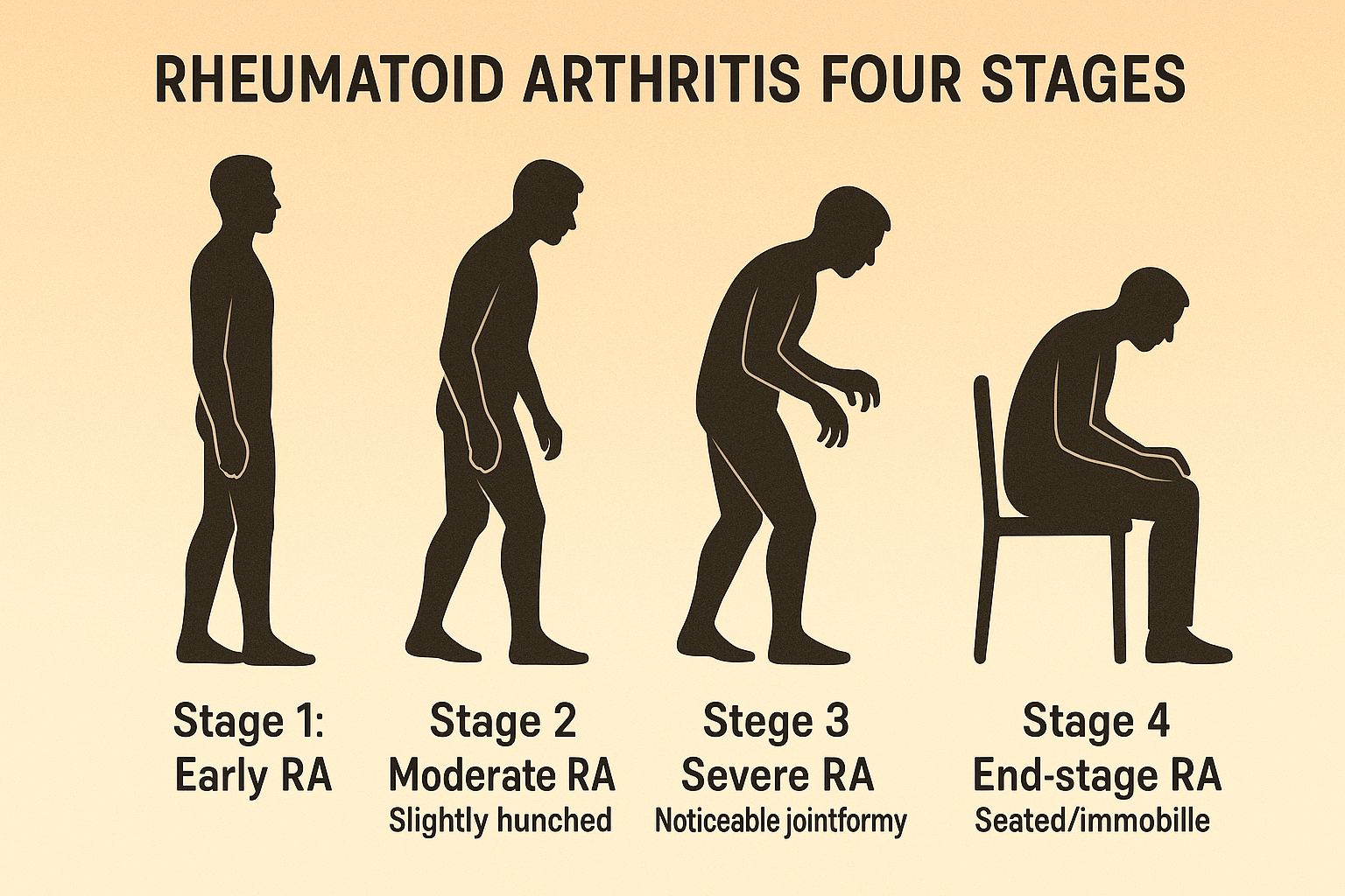 An infographic showing the four stages of rheumatoid arthritis, from stage 1 to stage 4 along with the key symptoms