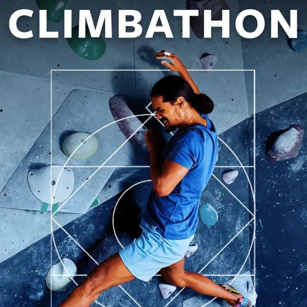 A male climber executes a dynamic move on a bouldering wall, prominently featuring "CLIMBATHON" for a climbing event