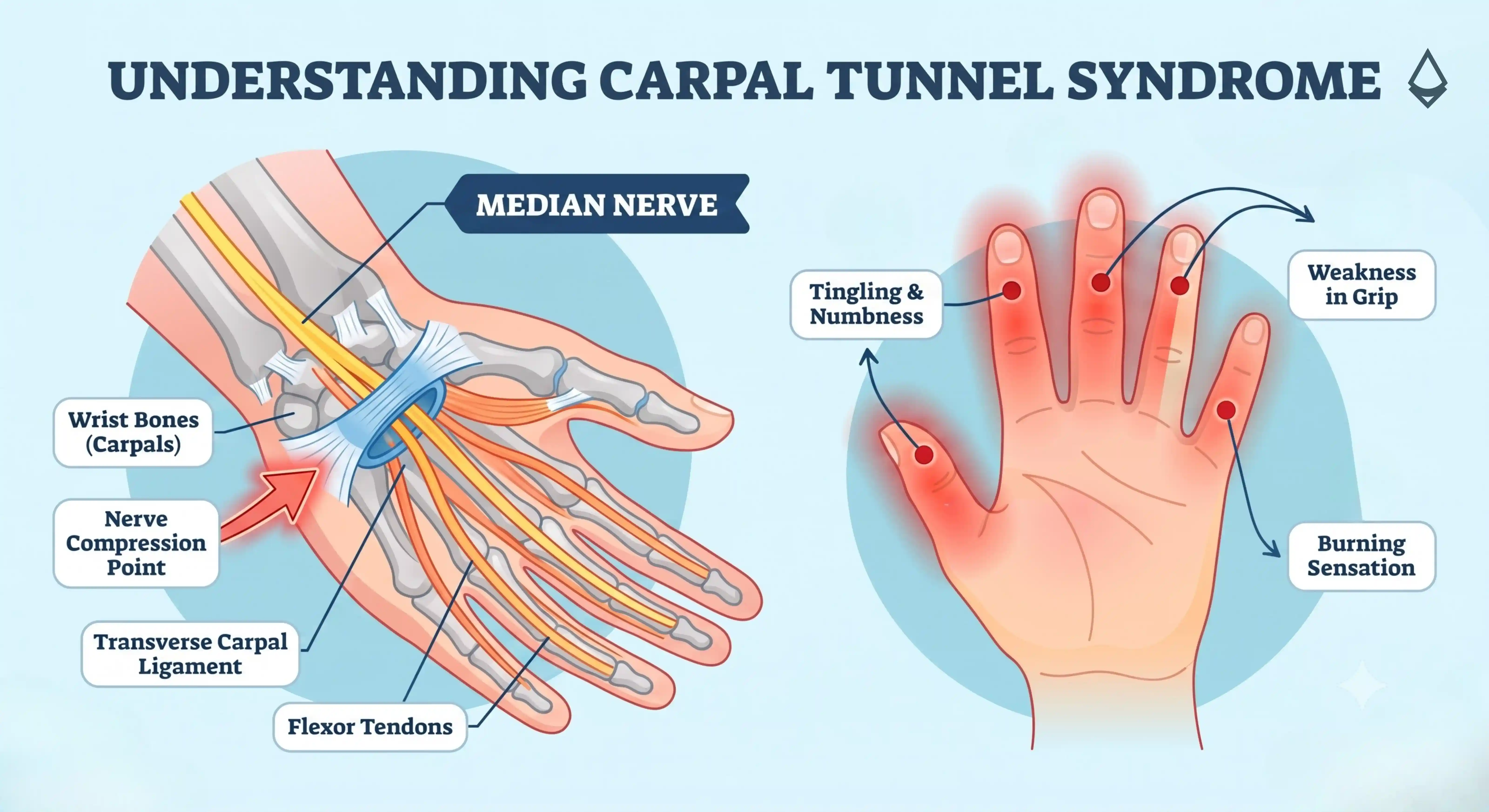 Diagram showing median nerve compression in the wrist anatomy alongside key symptoms like tingling and burning