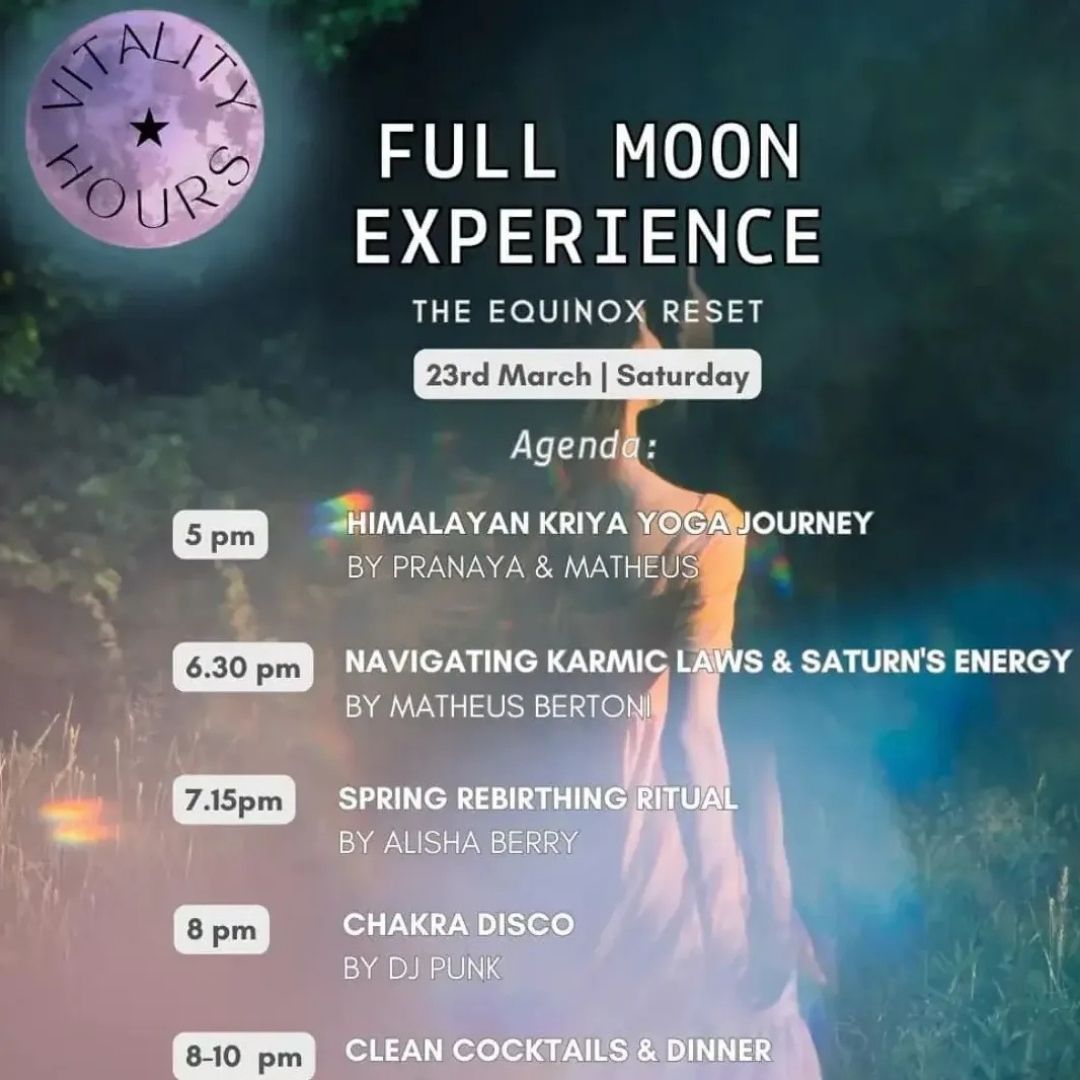 Full Moon Experience: The Equinox Reset" workshop flyer with agenda, including yoga, rituals, and music