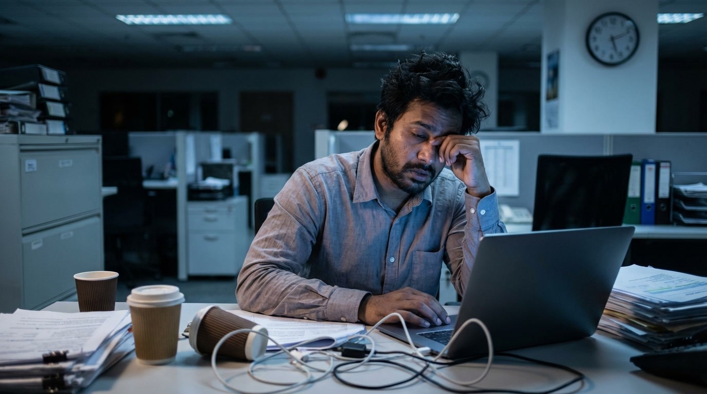 An image of a middle aged man in his office looking stress and burned out