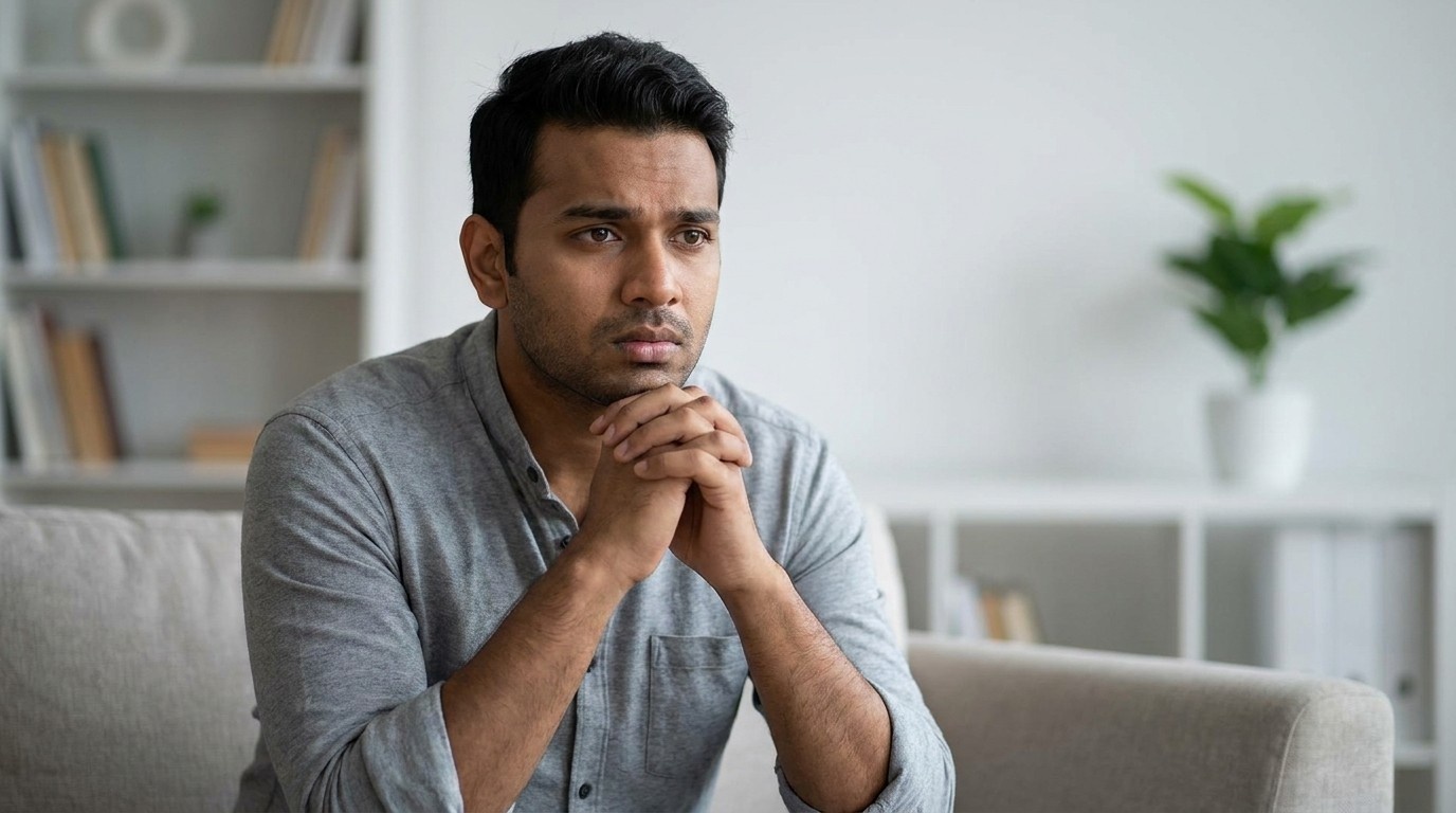 A featured image showing an Indian man in his mid 30s looking anxious and tensed